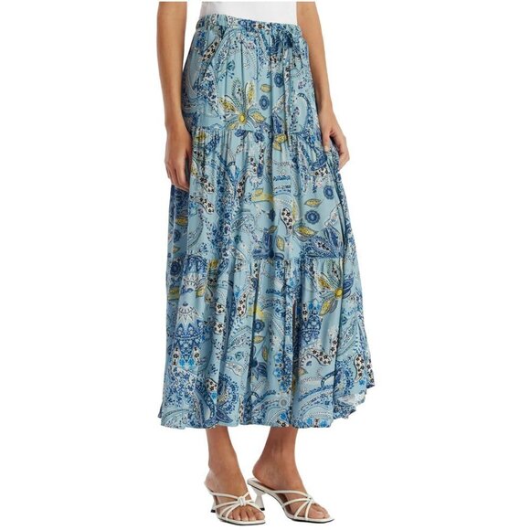 NWT KAREN KANE Boho Floral Paisley Print Side Pockets Tiered Midi Skirt - Picture 2 of 8
